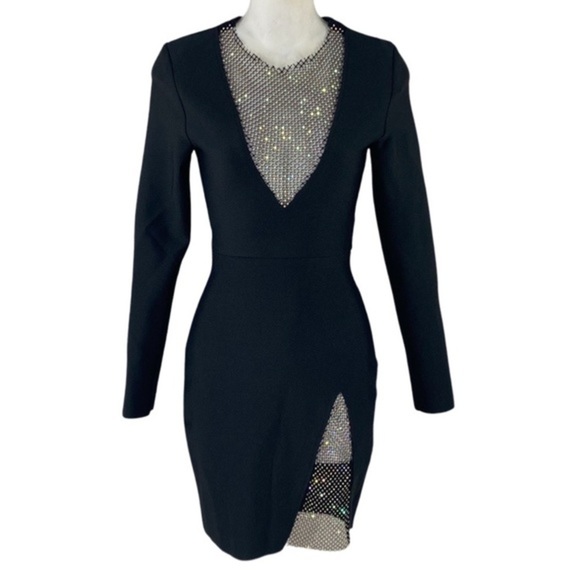 NWT Bella Barnett Black Plunge Mesh Rhinestone Mini Cocktail Dress XS OO21 - Picture 6 of 16